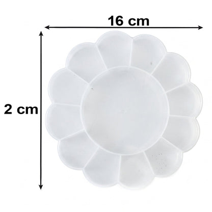 Top-down view of an empty, clear, flower-shaped plastic organizer box with 13 compartments, showing dimensions of 16 cm and