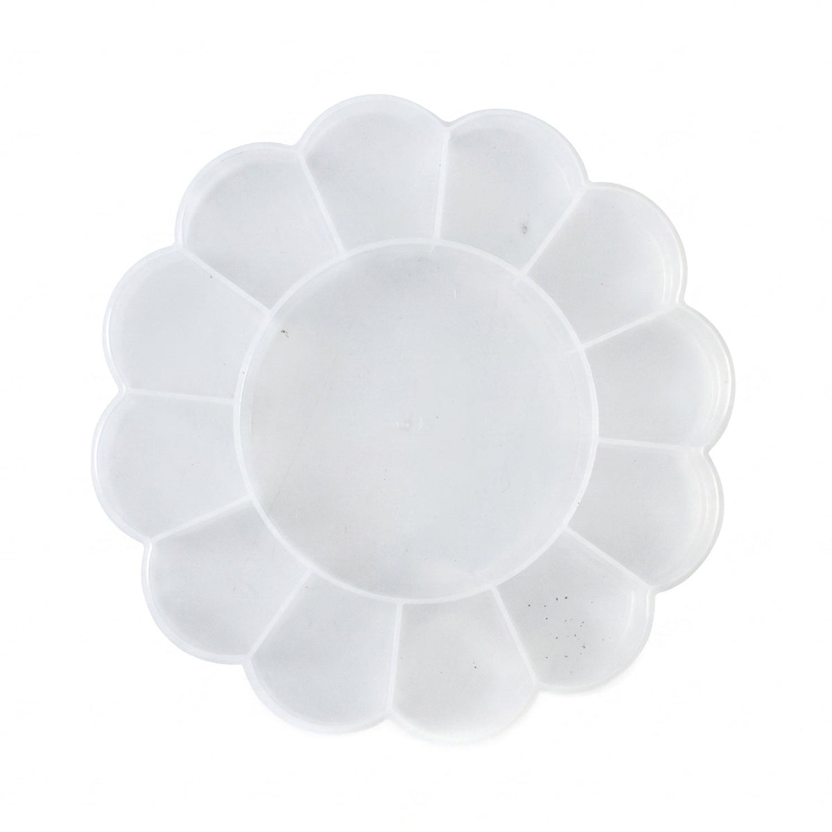 Top-down view of an empty, clear, flower-shaped plastic organizer box with 13 compartments on a white background.