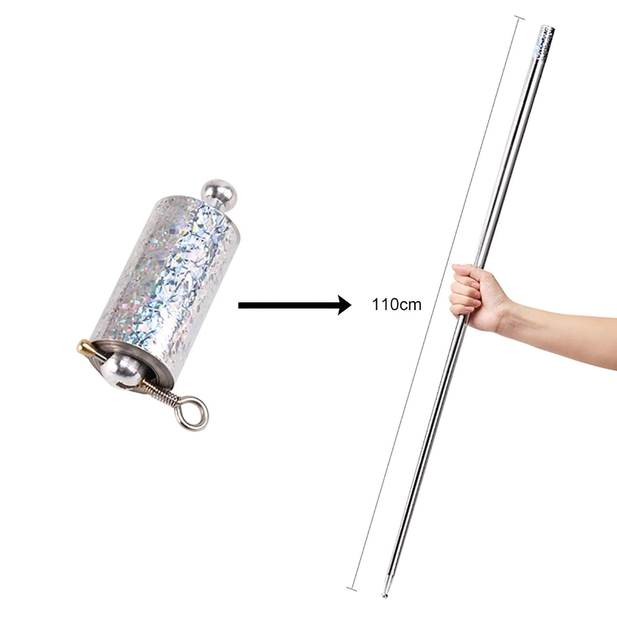 An illustration showing the silver collapsible cane expanding from its compact form to a 110cm long rod.