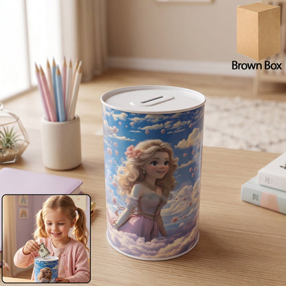 A princess-themed money bank with a brown box icon, pencils, and a small girl putting money in the bank on a desk.