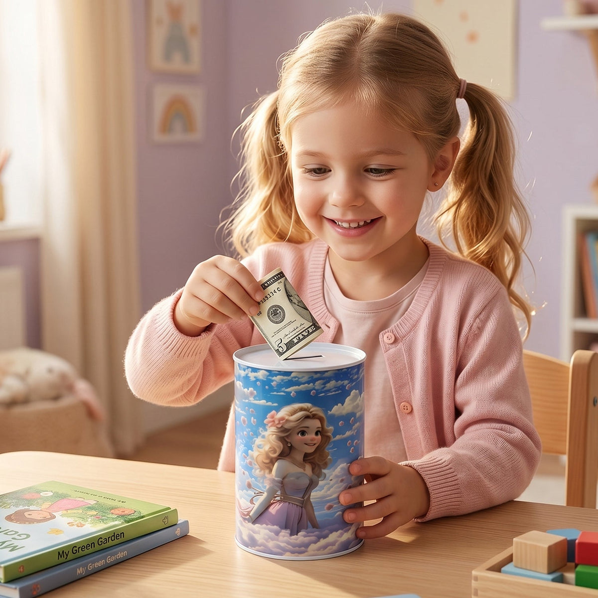 A smiling young girl with pigtails inserts a five-dollar bill into the princess-themed money bank on a wooden table.