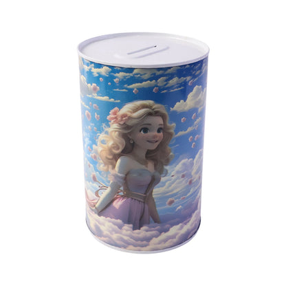 A princess-themed cylindrical money bank with a coin slot on top, featuring a blonde princess in clouds.