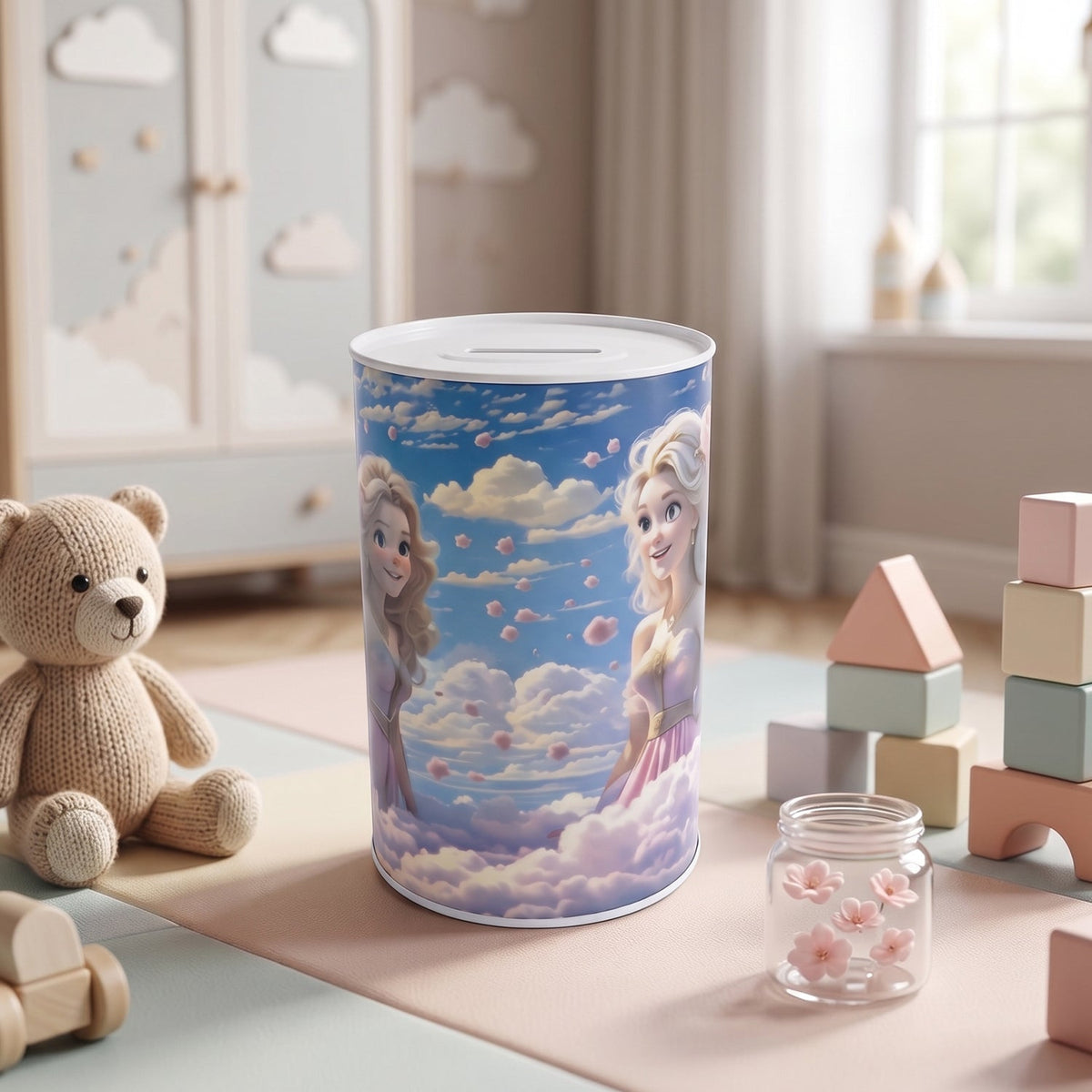 The princess-themed money bank sits on a colorful rug in a child's room with a teddy bear and wooden blocks.