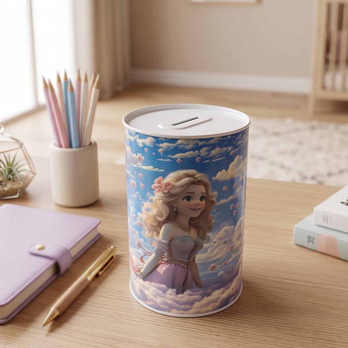 A princess-themed money bank on a desk with a purple notebook, a pen, and a pencil holder in the background.