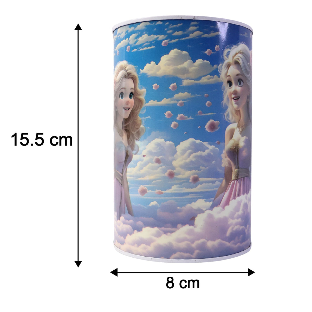 The princess-themed money bank with dimensions, showing a height of 15.5 cm and a width of 8 cm.
