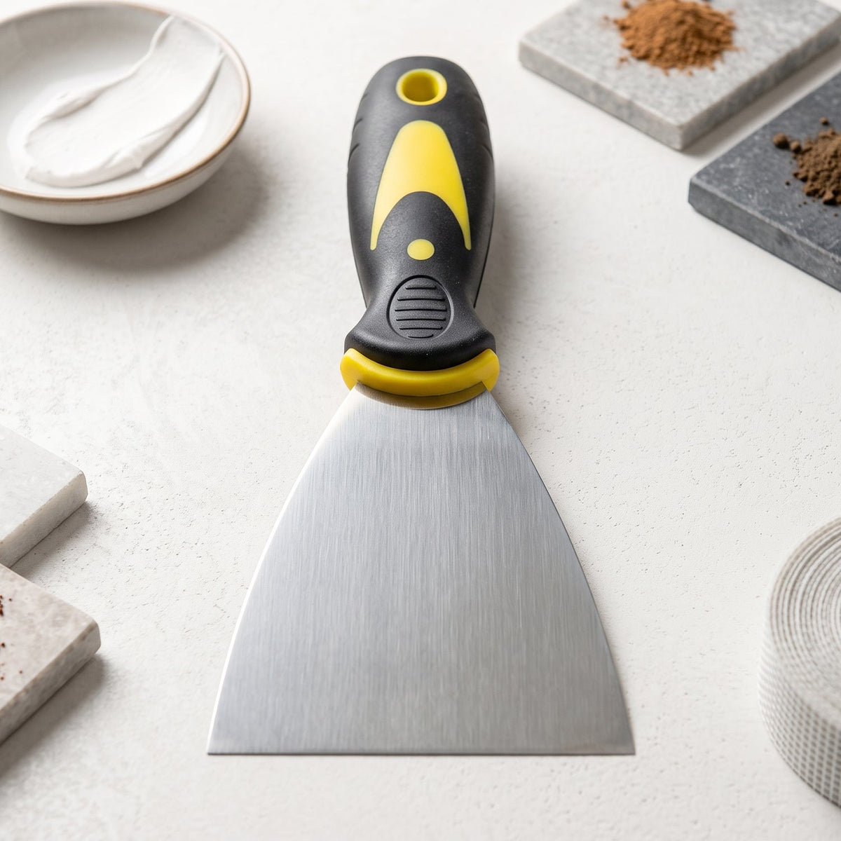 A stainless steel putty knife with a black and yellow handle stands on a white surface surrounded by various small bowls and