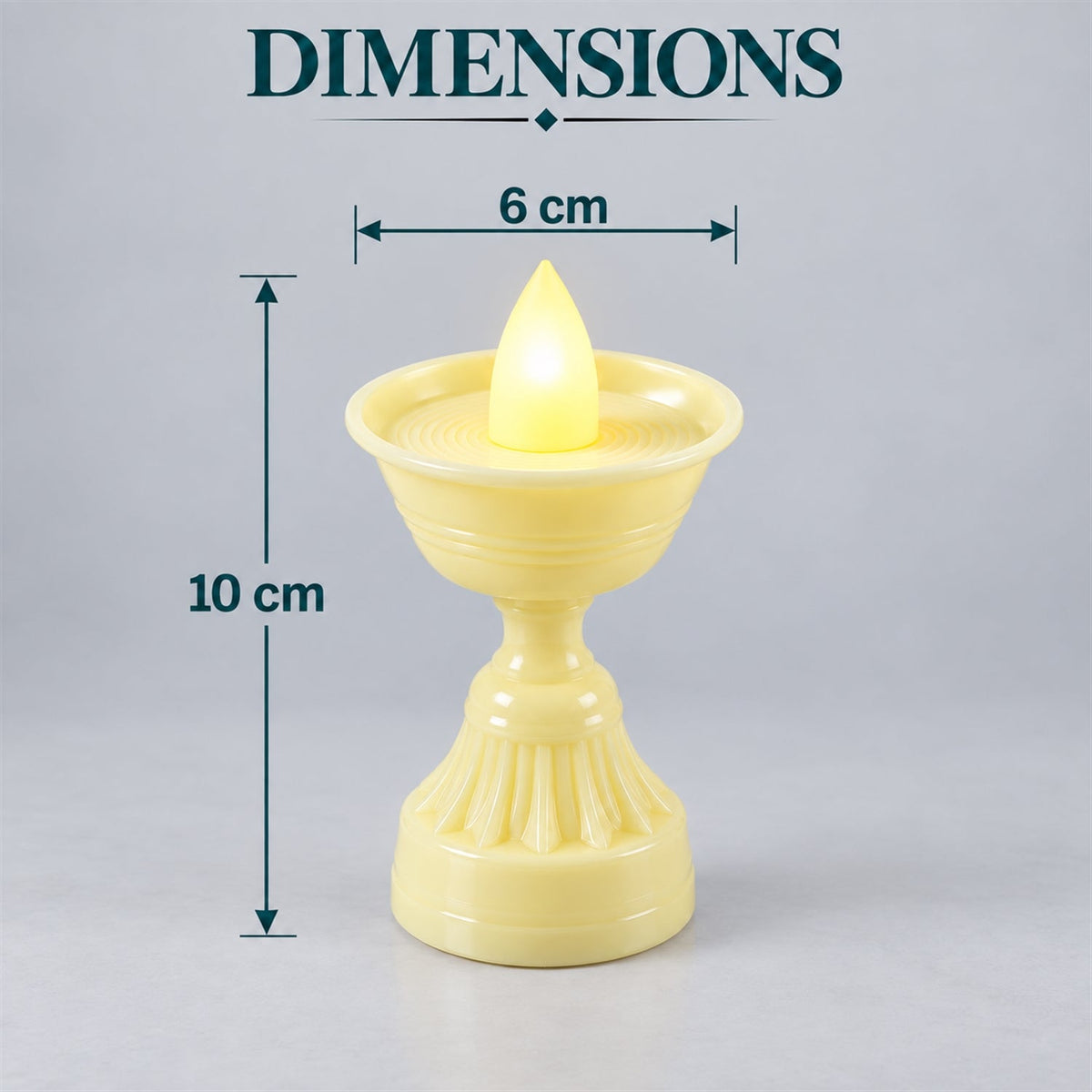 A single yellow LED diya candle with a detailed base is shown with measurements of 10 cm height and 6 cm width.