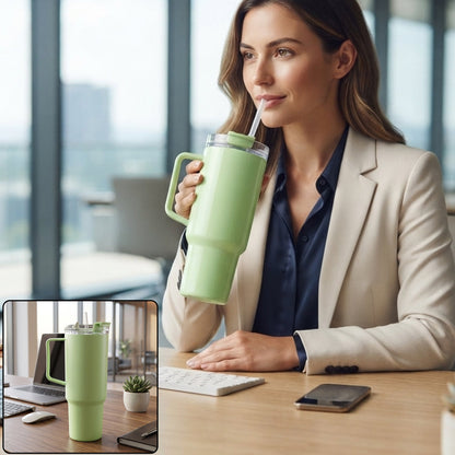 A woman in an office setting sips from a light green travel tumbler with a handle and straw.