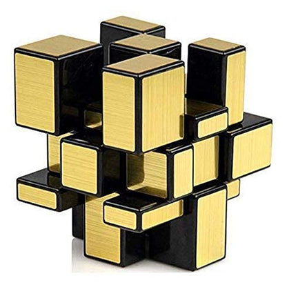 An exploded view of the gold mirror cube puzzle, showing its individual black and gold rectangular blocks separated.