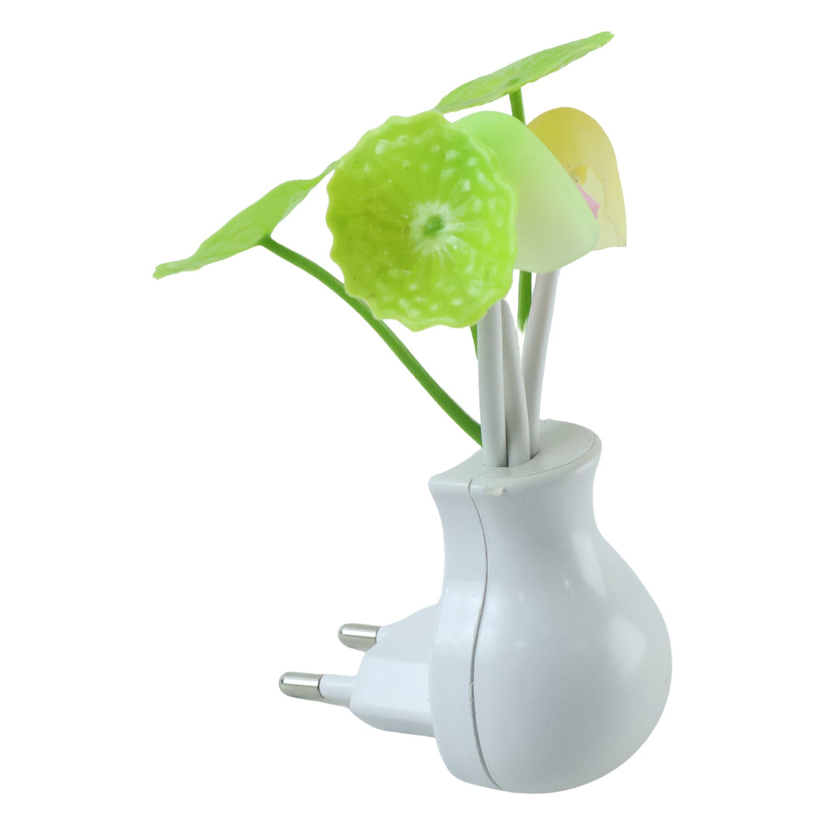 A white vase-shaped night light with colorful mushroom-like lights and green leaves, showing the two-prong plug on a white