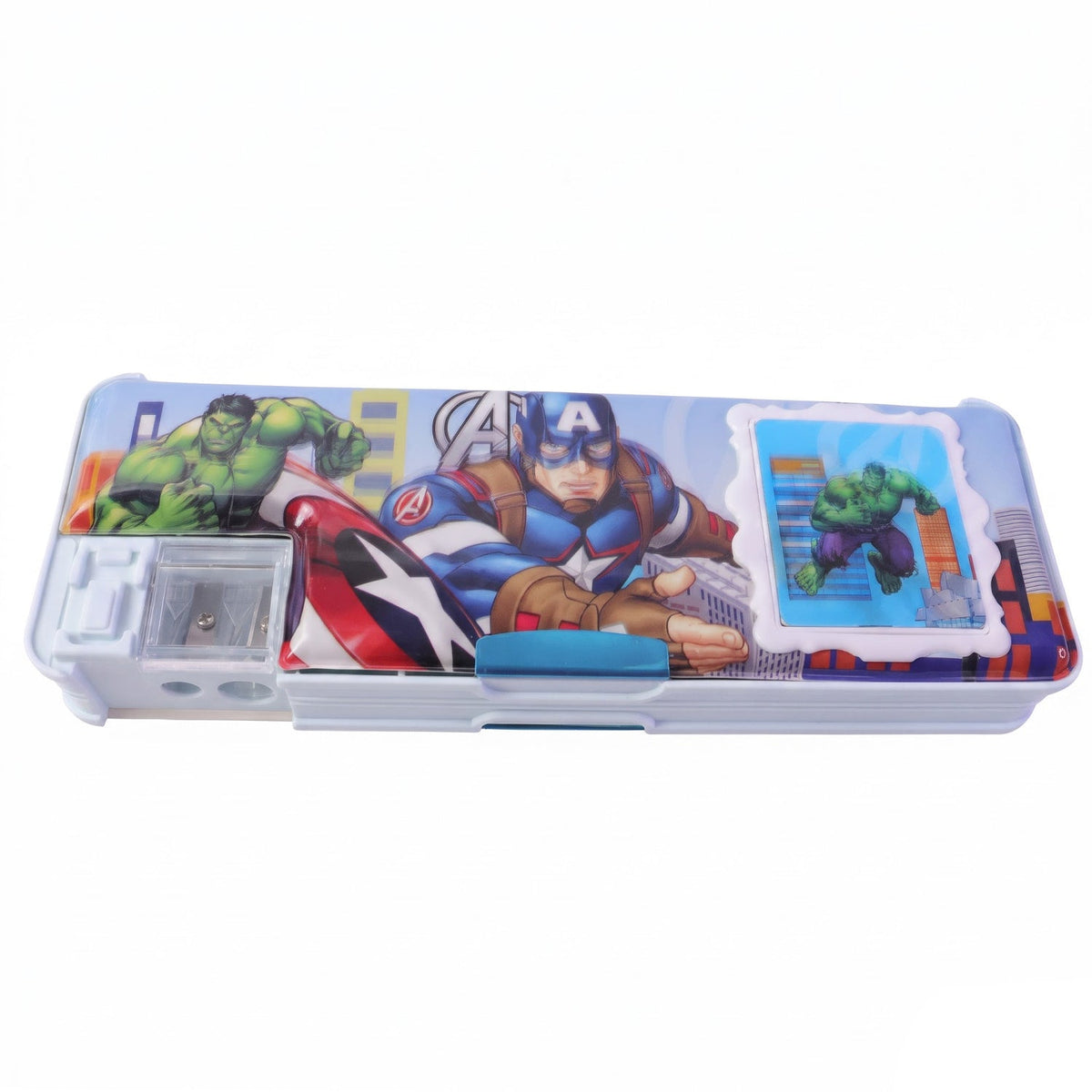 A light blue pencil box with Avengers superhero illustrations, including Captain America and Hulk, on a white background.