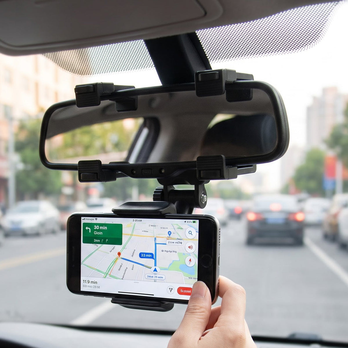 A black car phone mount attached to a rear view mirror, holding a smartphone displaying a navigation app. – view 7