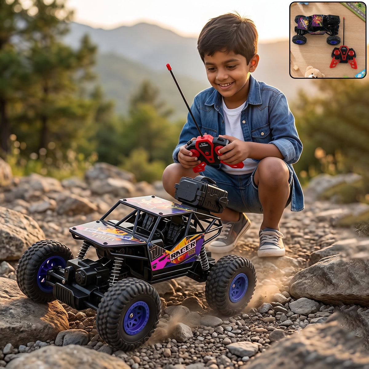 A smiling boy in a denim shirt plays with a black and purple remote control rock crawler on a rocky path outdoors.