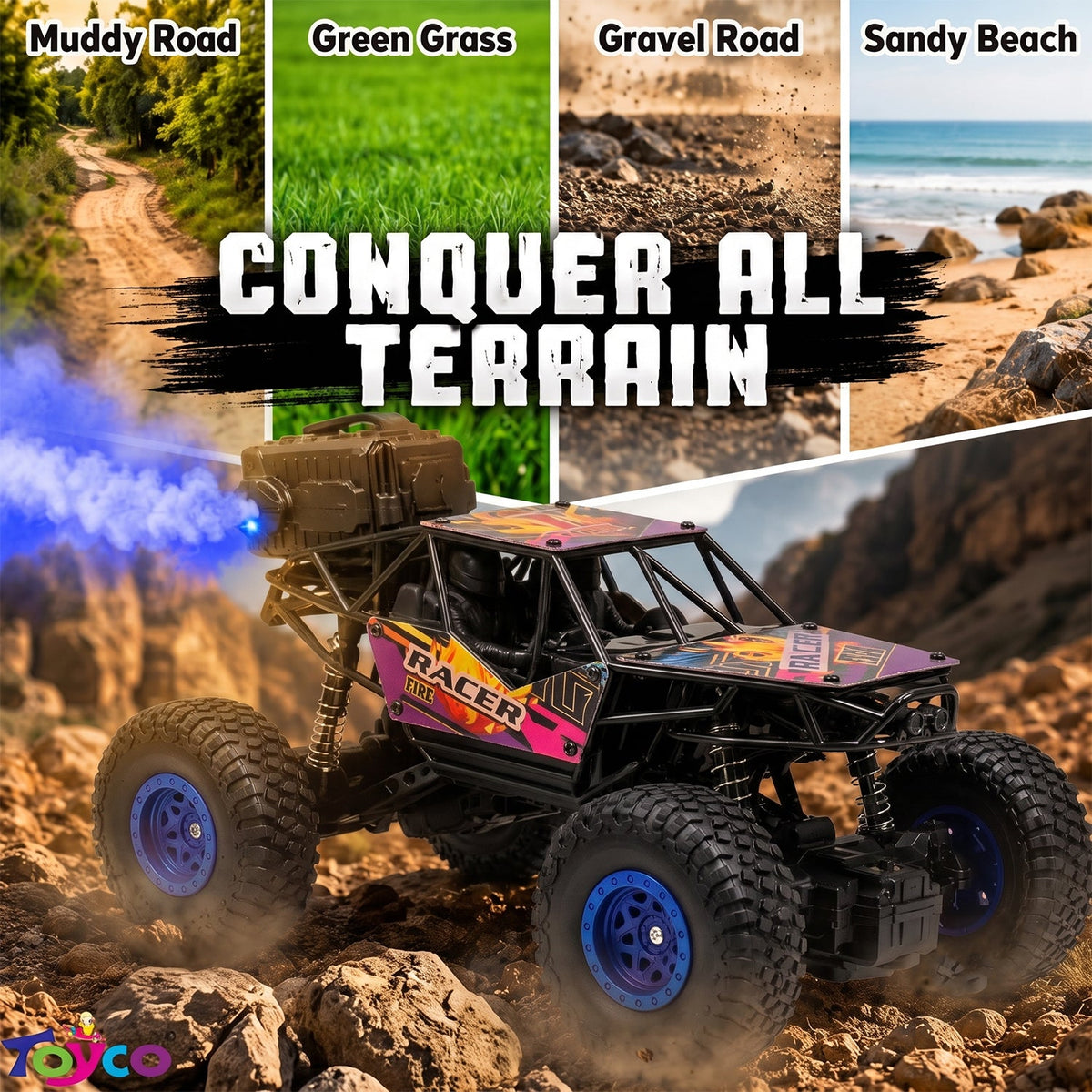 A black and purple remote control rock crawler with blue wheel hubs emits blue smoke while text promotes its all-terrain