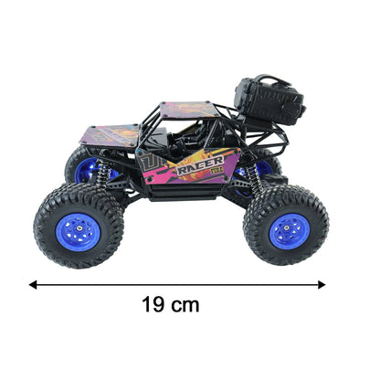 A black and purple remote control rock crawler with blue wheel hubs is shown from the side with a 19 cm measurement below it.