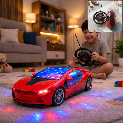 A young boy smiles while playing with a red remote control car that projects colorful lights onto the carpet