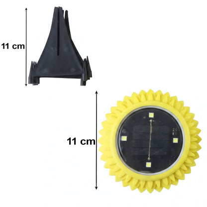 A single yellow, sunflower-shaped solar light and a black ground stake are shown with 11 cm dimension labels on a white