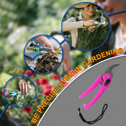 A collage of circular insets showing hands using pruning shears for different tasks, with a large pink shear in the