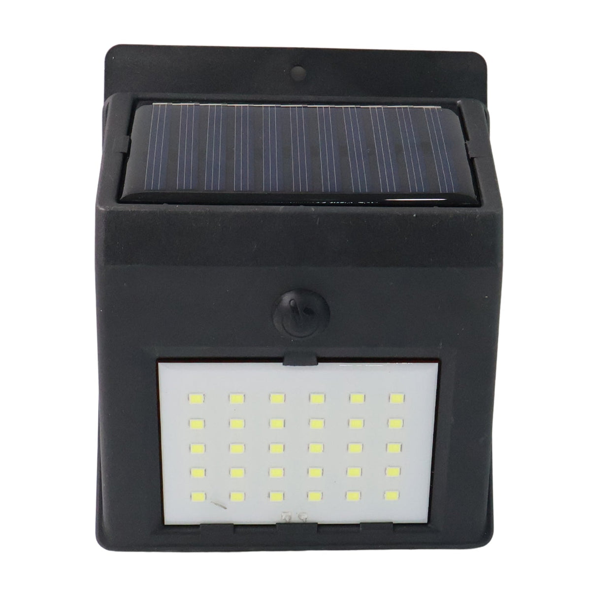 Front view of the black solar-powered wall light with 30 LEDs, featuring a solar panel on top and a motion sensor below.