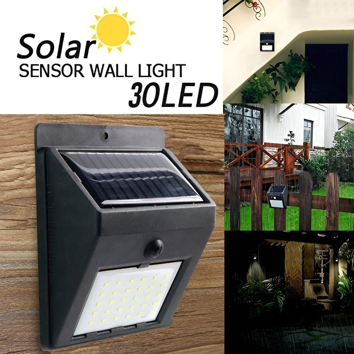 Black solar-powered wall light with 30 LEDs on a wooden wall, with insets showing it installed on various outdoor walls.