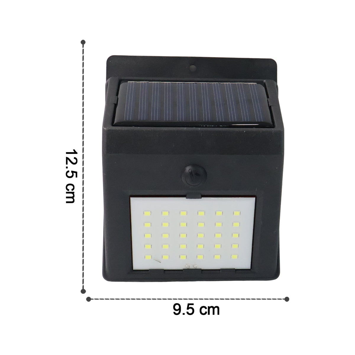 Front view of the black solar-powered wall light with 30 LEDs, showing dimensions of 12.5 cm height and 9.5 cm width.