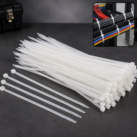 A large pile of white nylon cable ties on a dark surface, with an inset showing them organizing colored wires.