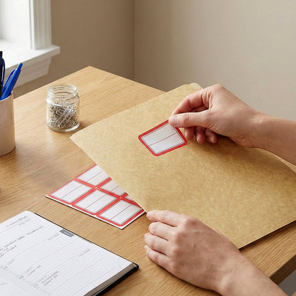 A hand applying a red-bordered white writable label to a brown folder on a wooden desk with a planner and paper clips.