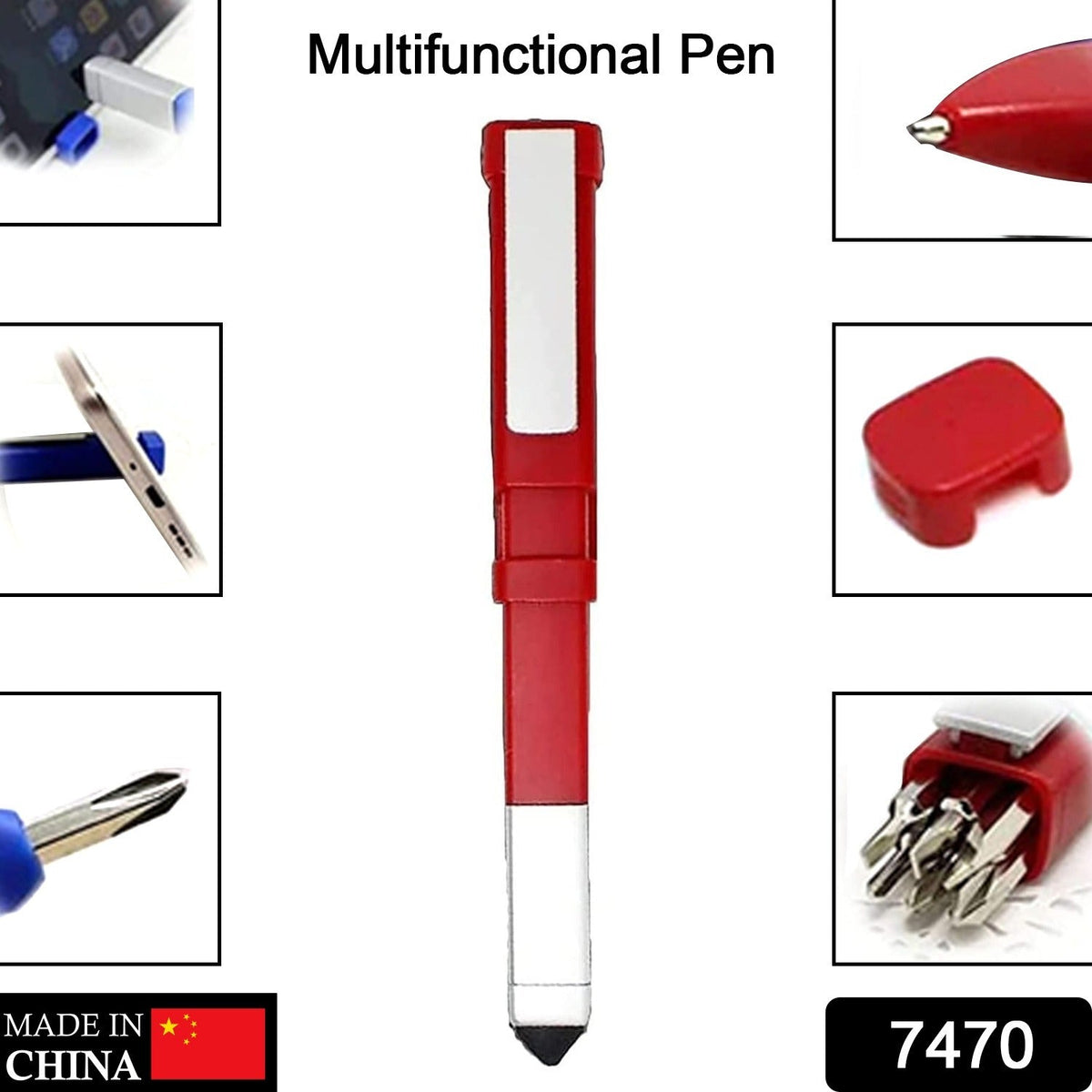 A central red multi-functional pen is surrounded by six insets showing its features: phone holder, screwdriver bits, stylus,