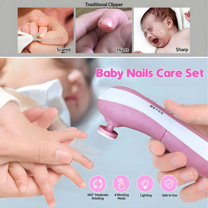 A hand holds a pink electric nail trimmer to a baby's finger; insets show traditional clippers causing fear and pain.