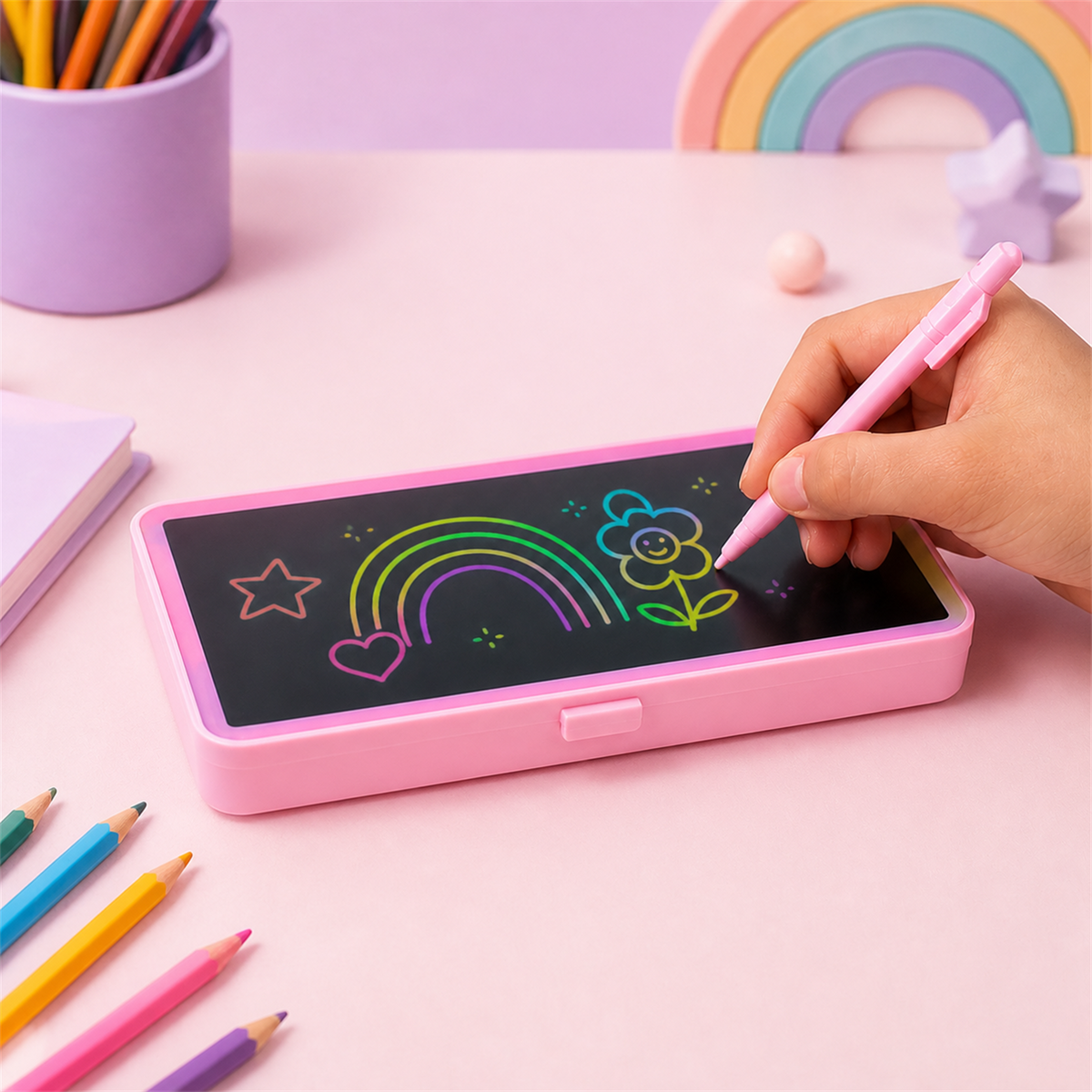 Pink LCD writing tablet pencil case with a rainbow, heart, and flower drawing, a pink stylus in a hand, and colored pencils.