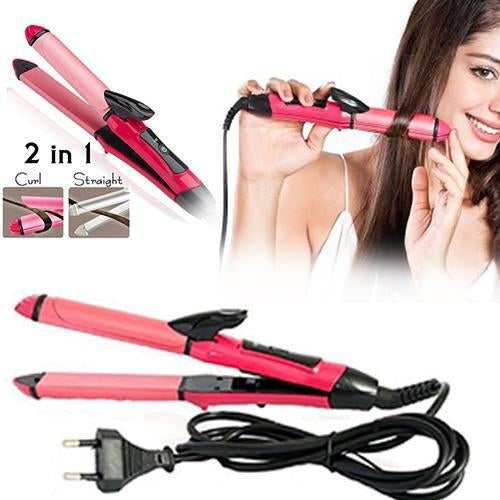 A collage showing a woman styling her hair, the pink 2-in-1 hair tool, and close-ups of its curl and straight functions.