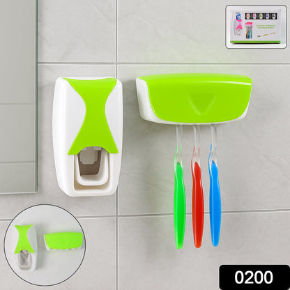 White and lime green automatic toothpaste dispenser and toothbrush holder on a tiled wall, with two inset images.